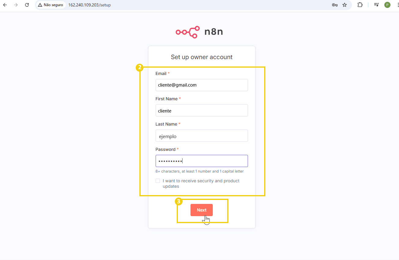 imagen mostrando la pantalla de ingreso por primera vez al n8n para hacer registro