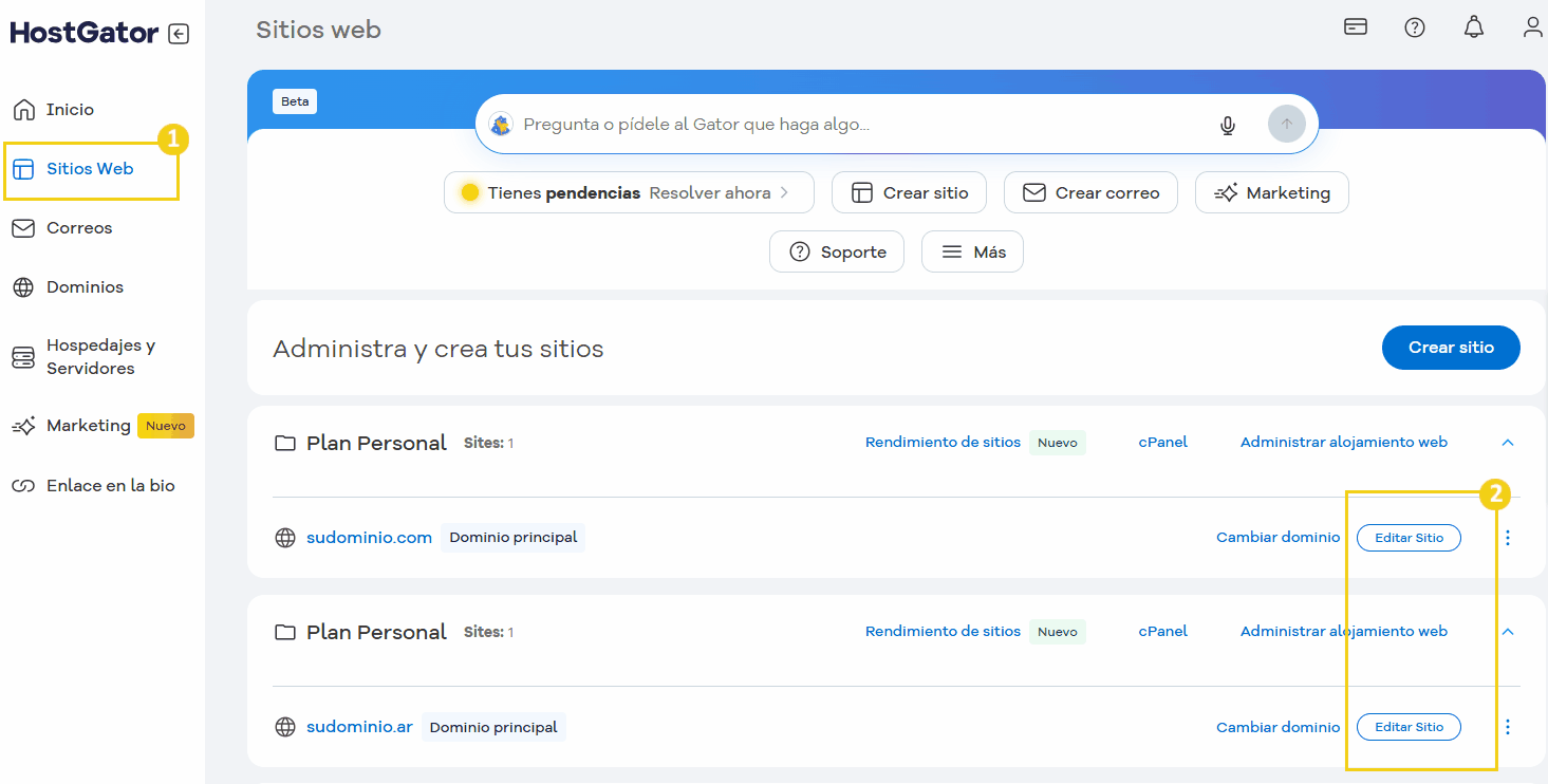 Captura de pantalla del panel de administración de HostGator para la creación y administración de sitios web, centrándose en la sección de administración de dominios y edición de sitios web