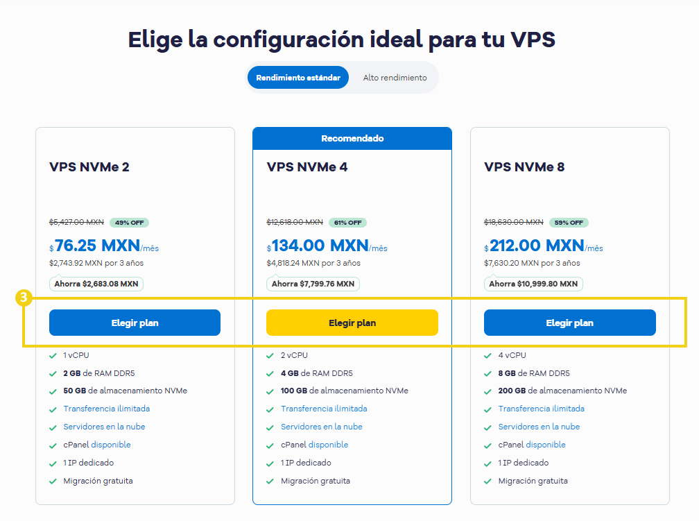 La imagen muestra el sitio web de HostGator para elegir el plan de VPS