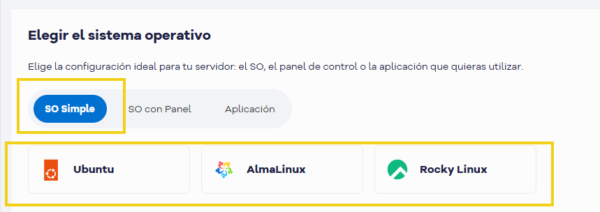 La imagen muestra las opciones disponibles en el SO Simple.