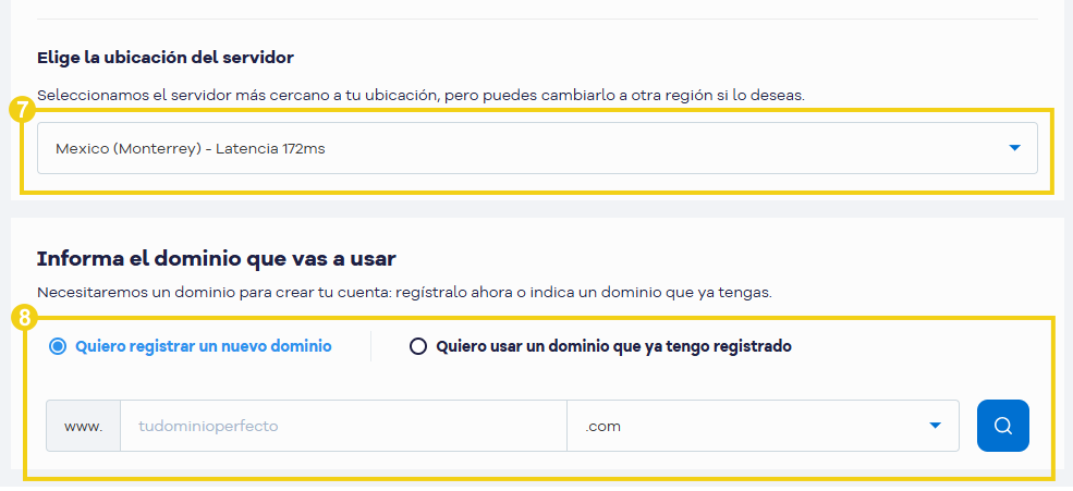 La imagen muestra el sitio web de HostGator para elegir la mejor región de ubicación del servidor e ingresar el dominio.