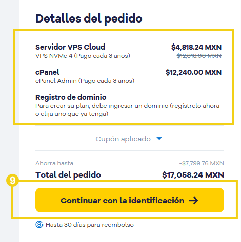 La imagen muestra la pantalla del carrito en el sitio web de HostGator para revisar los detalles del pedido y continuar con la identificación.