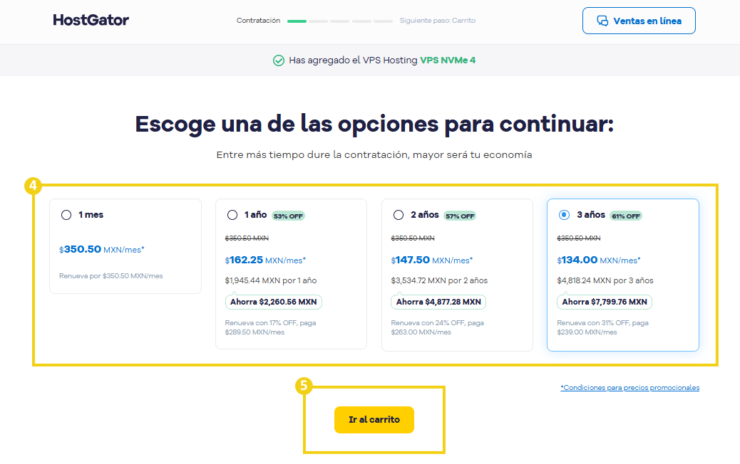 La imagen muestra el sitio web de HostGator para elegir el ciclo de pago que desea contratar