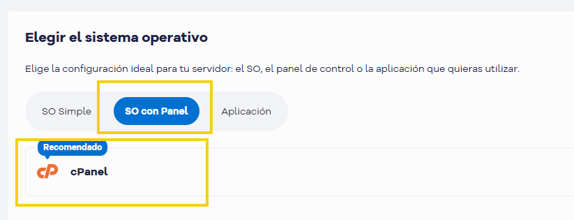 La imagen muestra la opción de contratar la VPS con el panel de control cPanel.