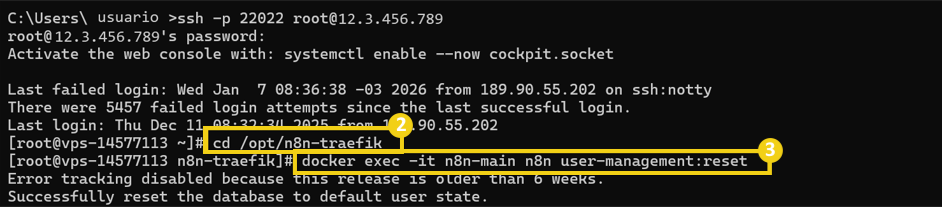 Imagen de un terminal de comando que muestra un comando Docker para restablecer la gestión de usuarios con éxito.