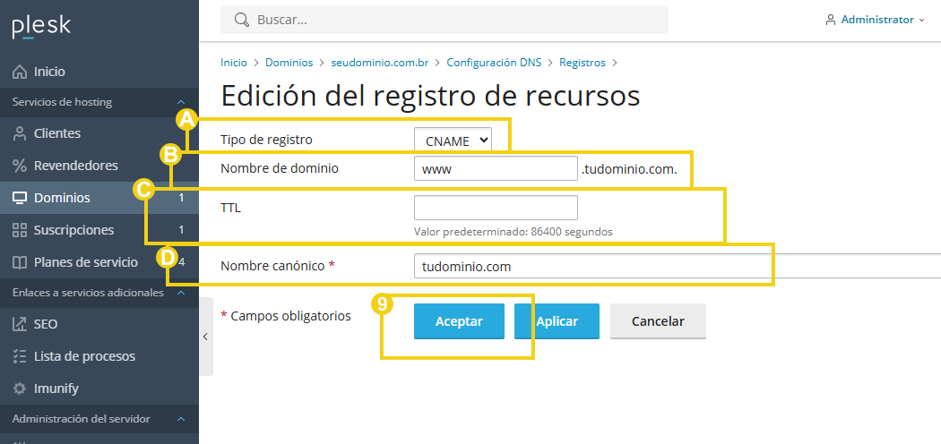 Imagen muestra la pantalla de Plesk con el área para editar el registro en la zona DNS 