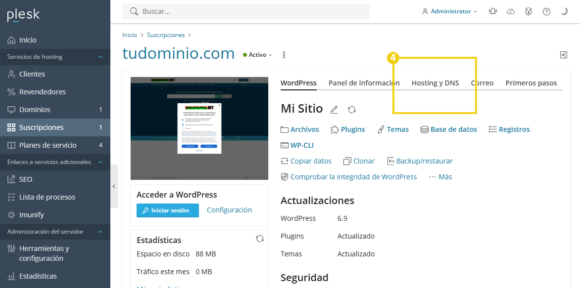 Imagen muestra la pantalla de Plesk con la marcación en la pestaña "Alojamiento y DNS"