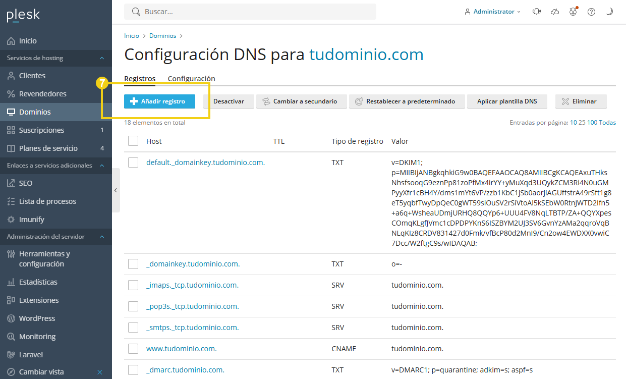 Imagen mostrando panel de control de configuración de DNS en el sistema de gestión de sitios, con destaque para la opción Configuración de DNS.