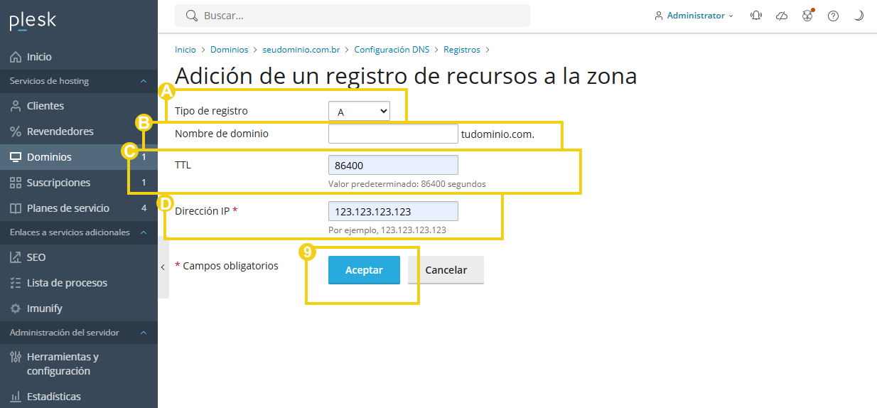 Imagen muestra la pantalla de Plesk con el área para añadir el registro a la zona DNS 