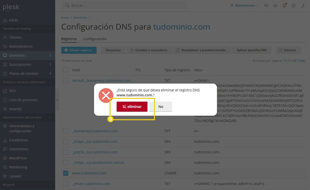 La imagen muestra la pantalla de Plesk con la pantalla que pregunta la confirmación de la eliminación