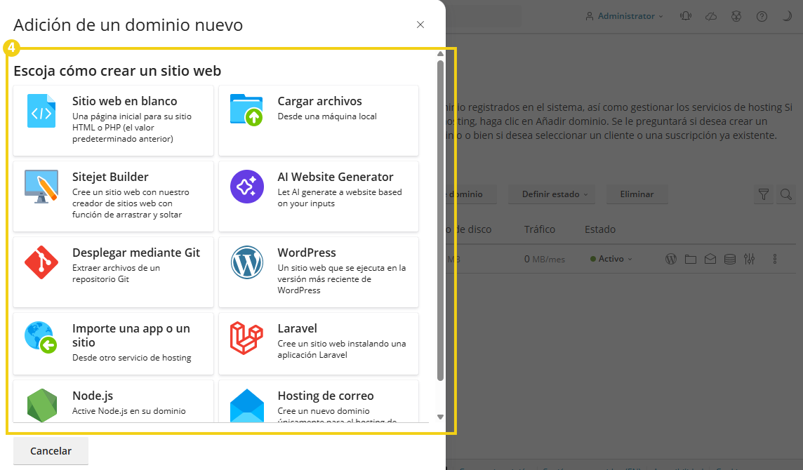 Imagen de opciones para crear un sitio, incluyendo 'Sitio en blanco', 'Subir archivos', 'Creador de sitios' y 'WordPress'.