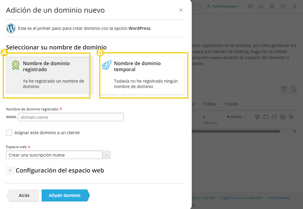 Imagen muestra el panel de Plesk con el área para elegir si el nombre de dominio registrado o temporal