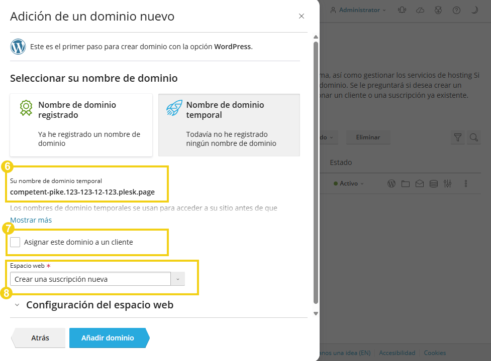 Imagen mostrando la configuración de adición de nuevo dominio en panel de control, con destaque para el campo de dirección de IP, credenciales del sistema y botones de acción.