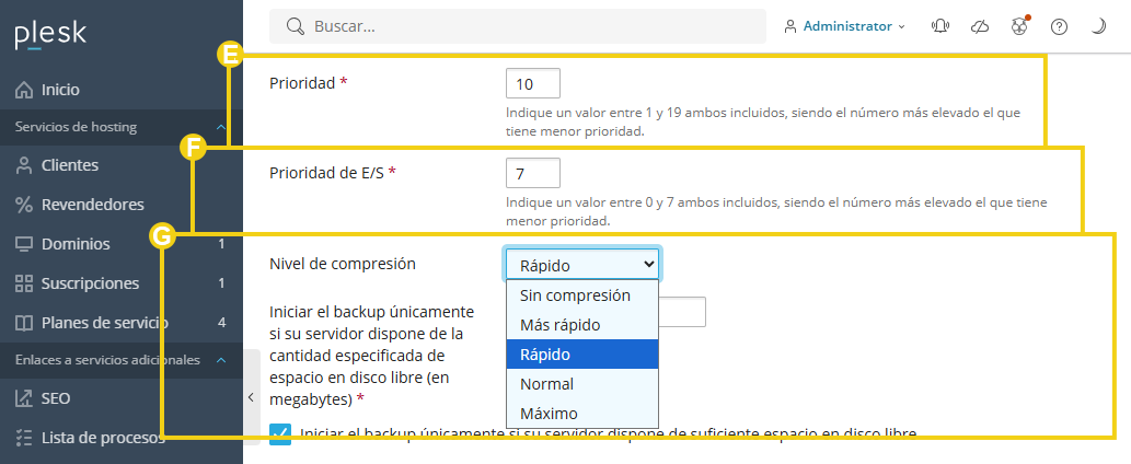 Imagen muestra el panel del Plesk en el área de gestión del respaldo y la marcación en las configuraciones de prioridad de nivel de compresión
