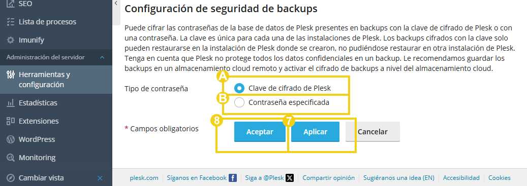 Imagen muestra el panel de Plesk en el área de gestión de la copia de seguridad y la marcación en las configuraciones de seguridad y conclusión