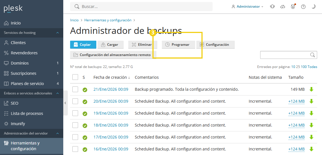 Imagen muestra el panel de Plesk en el área de gestión de copias de seguridad y la marcación en el botón "Cronograma"