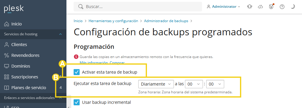 Imagen muestra el panel del Plesk en el área de gestión del respaldo y la marcación en las configuraciones de activación y definición de cuánto ejecutar la tarea de respaldo