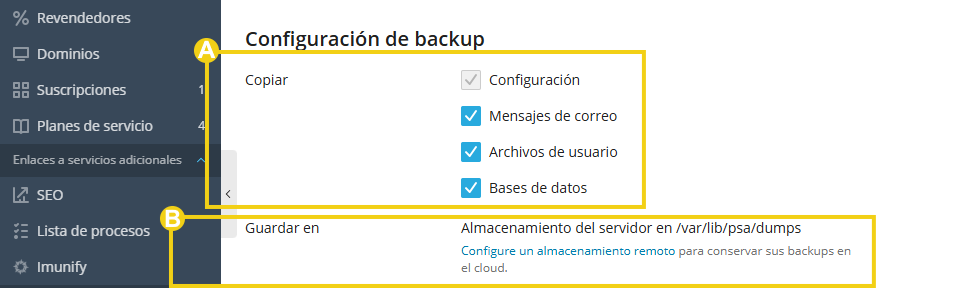 Imagen muestra el panel de Plesk en el área de gestión de la copia de seguridad y la marcación en la configuración sobre definiciones de qué hacer la copia de seguridad y dónde almacenarla