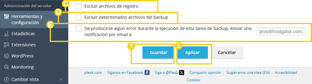 Imagen muestra el panel de Plesk en el área de gestión de la copia de seguridad y la marcación en la configuración final y conclusión