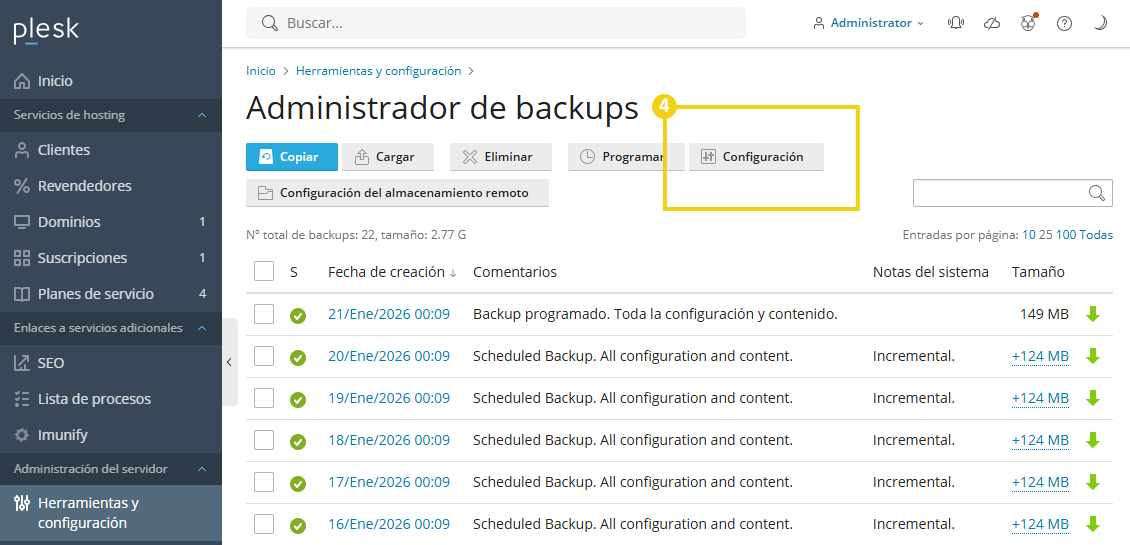 Imagen muestra el panel de Plesk en el área de gestión de copias de seguridad y la marcación en el botón "Configuraciones"