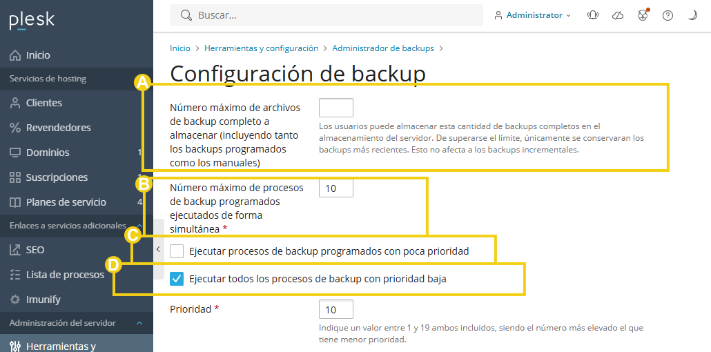 Imagen muestra el panel del Plesk en el área de gestión del respaldo y la marcación en las configuraciones