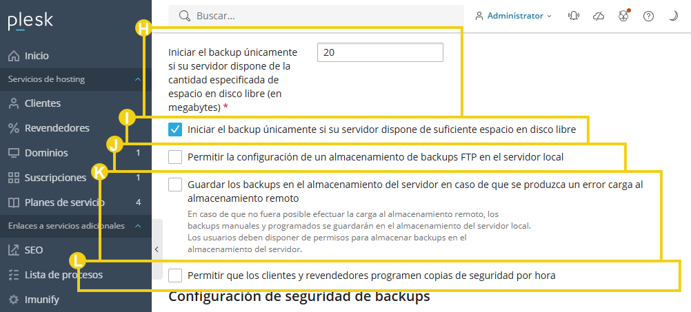 Imagen muestra el panel del Plesk en el área de gestión del respaldo y la marcación en las configuraciones de almacenamiento