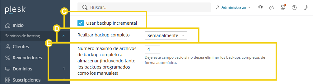 Imagen muestra el panel del Plesk en el área de gestión del respaldo y la marcación en las configuraciones sobre adicional, completo y cantidad