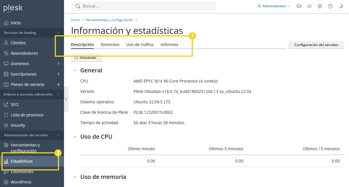La imagen muestra el panel de Plesk, con la marcación en el menú lateral en "Estadísticas" y la pantalla "Infos y Estadísticas" con las opciones de pestañas disponibles