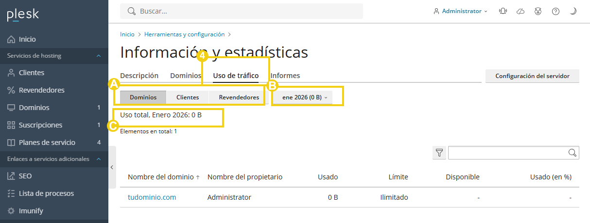 Imagen muestra el panel de Plesk, en la pestaña "Uso de tráfico" y los campos informativos