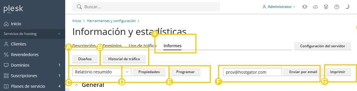 Imagen muestra el panel de Plesk, en la pestaña "Informes" y los campos informativos