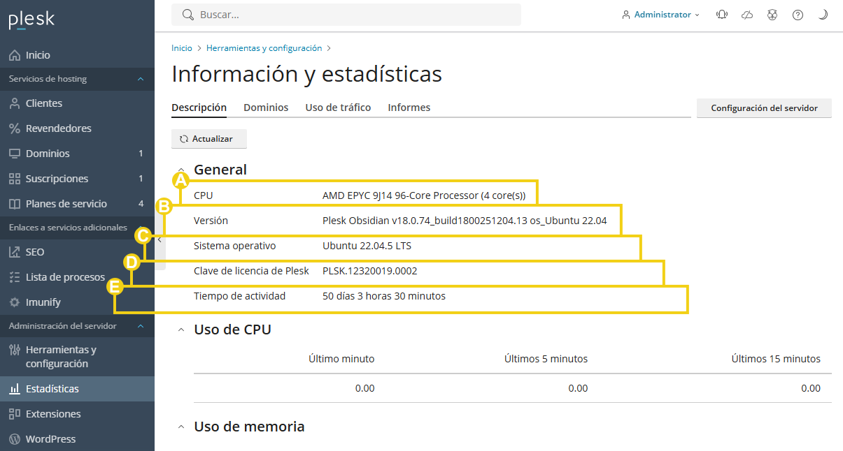 Imagen muestra el panel del Plesk, en la pestaña "Visión General" y los campos informativos