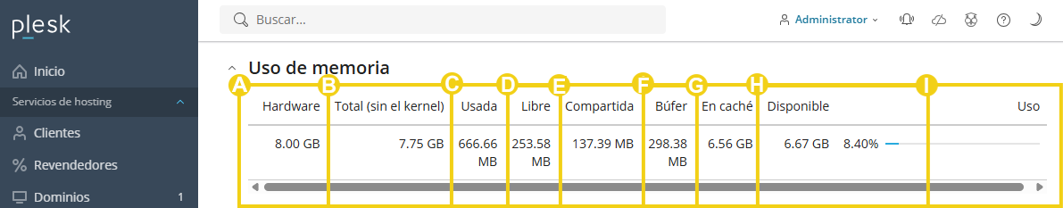 Imagen muestra el panel de Plesk, en la pestaña "Visión General" y los campos informativos del uso de memoria