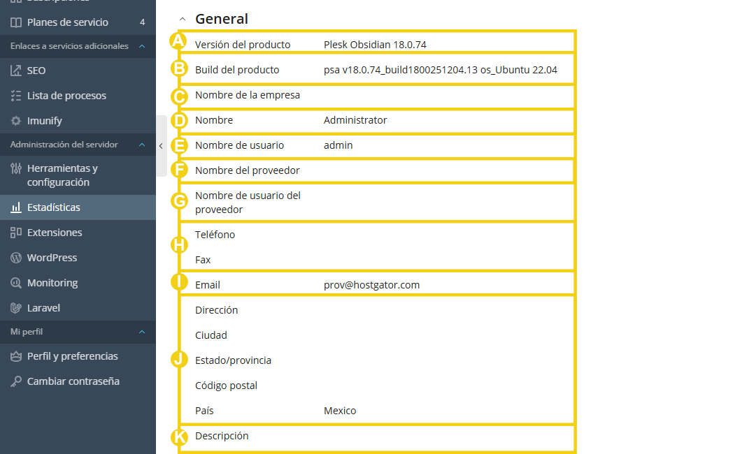 Imagen muestra el panel de Plesk, en la pestaña "Informes" y los campos informativos