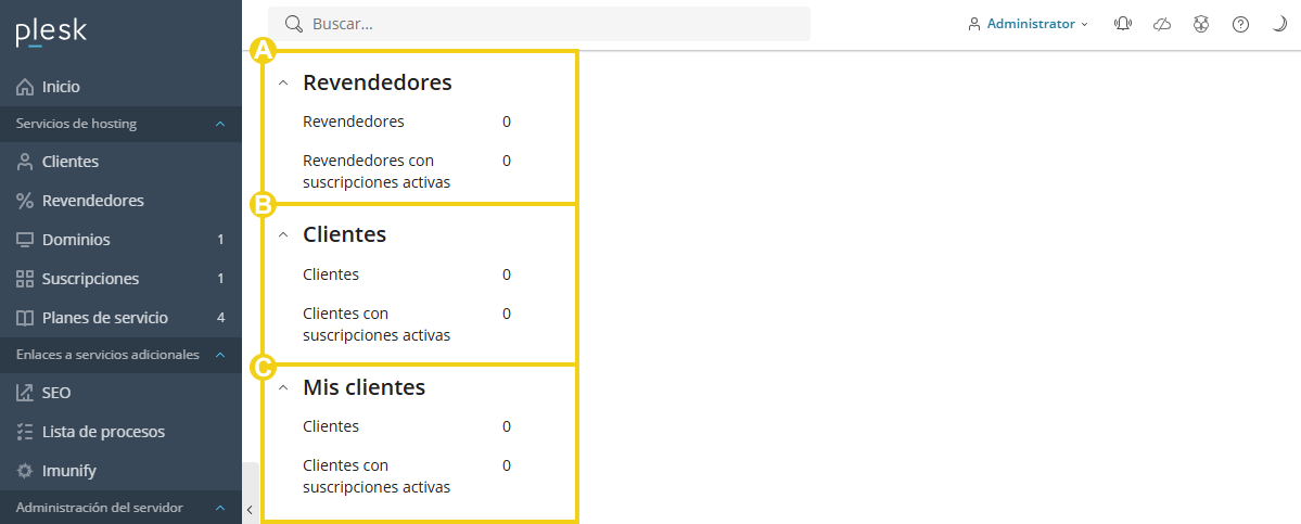 Imagen muestra el panel del Plesk, en la pestaña "Informes" y los campos informativos sobre los revendedores y clientes