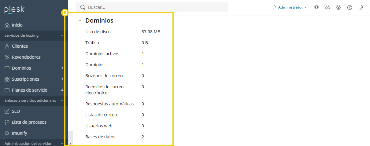 Imagen muestra el panel del Plesk, en la pestaña "Informes" y los campos informativos sobre los dominios