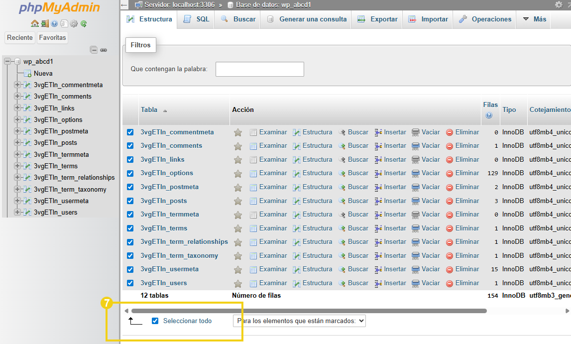 Imagen muestra el panel de Plesk, en la pantalla de phpMyAdmin, con la marcación en "Seleccionar todo"