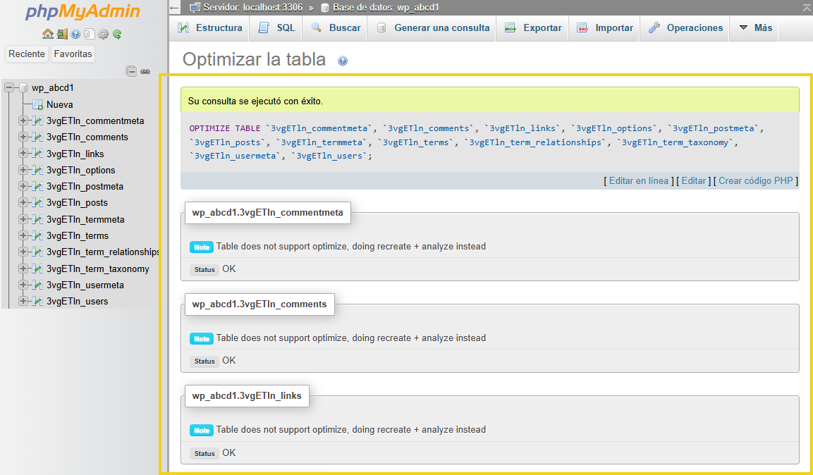 Imagen muestra el panel de Plesk, en la pantalla de phpMyAdmin, con la marcación en el resultado de la optimización de la tabla