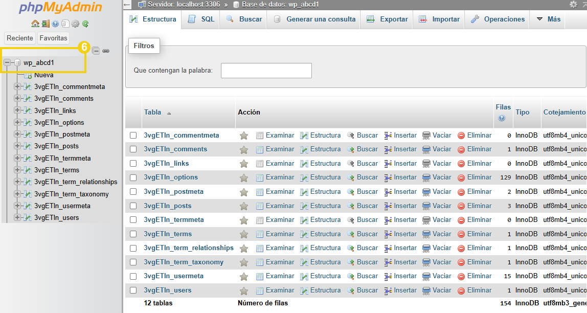 Imagen muestra el panel de Plesk, en la pantalla de phpMyAdmin, con la marcación en "Abrir en phpMyAdmin", con la marcación en la base de datos