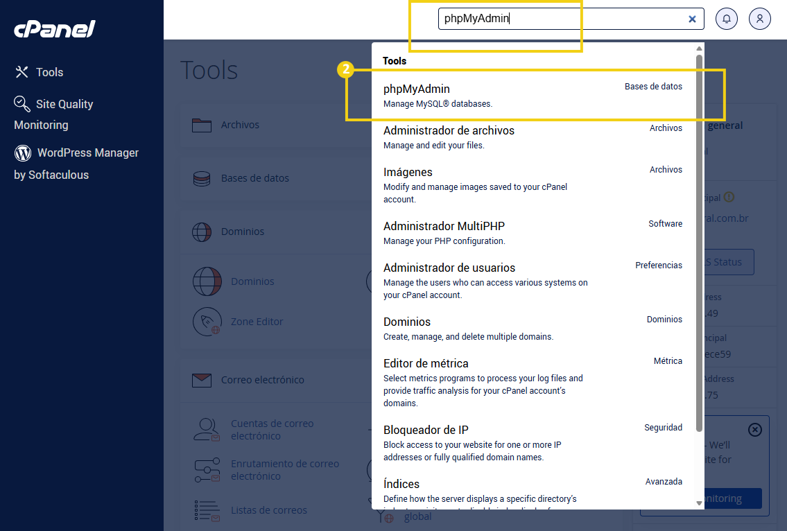 Imagen muestra la pantalla del cPanel, con la búsqueda sobre el phpMyAdmin