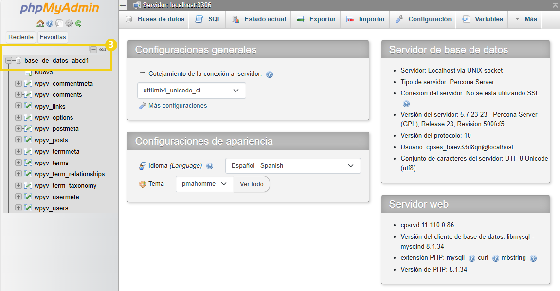 Imagen muestra la pantalla del phpMyAdmin, con la marcación en la base de datos que puede seleccionar para optimizar lo que desea