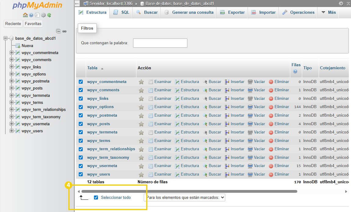 La imagen muestra la pantalla de phpMyAdmin, con la marca en el campo "Seleccionar todos"