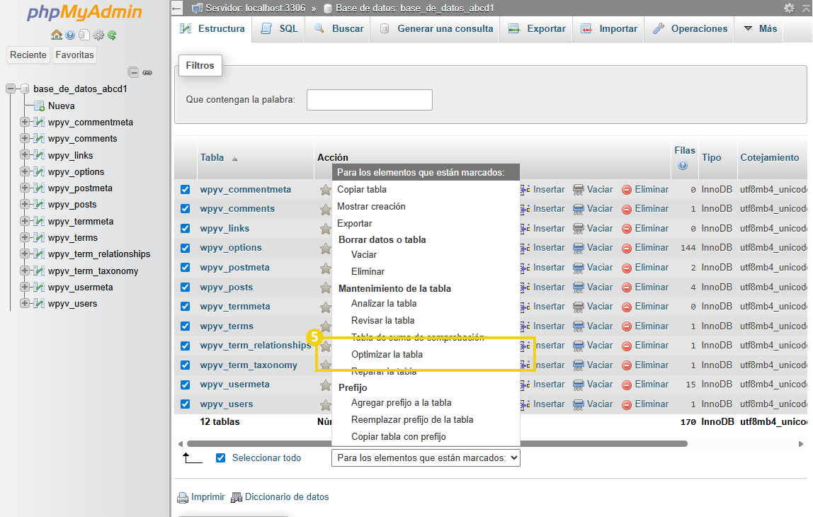 La imagen muestra la pantalla de phpMyAdmin, con la marca en la opción "Optimizar la tabla"