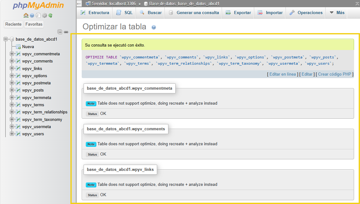 La imagen muestra la pantalla de phpMyAdmin, con la marca en el resultado de la optimización