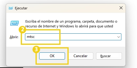 La imagen muestra la pantalla que aparece al hacer clic en las teclas Windows y 'R', en el campo 'Abrir' llenado con 'mstsc' y luego con la marca en 'Aceptar'