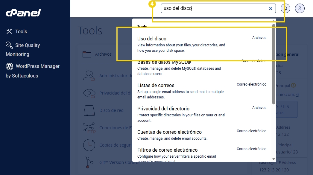 Imagen del panel del cPanel mostrando la herramienta de uso del disco