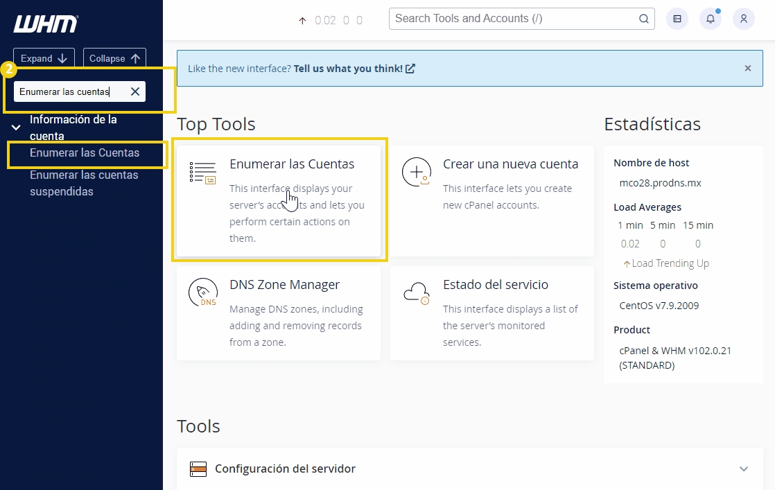 Imagen de panel de control del WHM con opciones de gestión de cuentas, DNS y estadísticas del servidor.