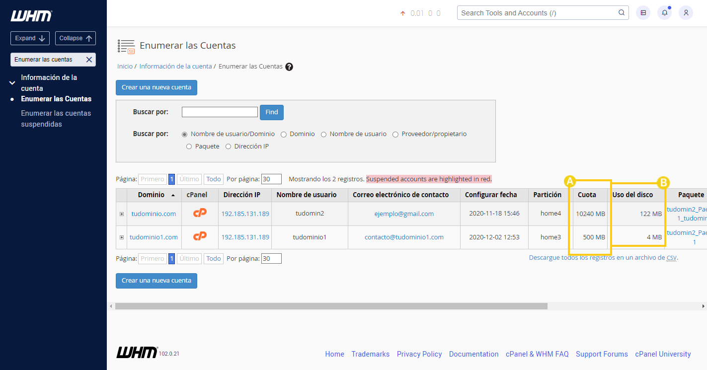 Imagen de una pantalla de listado de cuentas de hospedaje web en panel cPanel, mostrando dominios, direcciones IP, nombres de usuario, correos de contacto y configuraciones de cuentas.