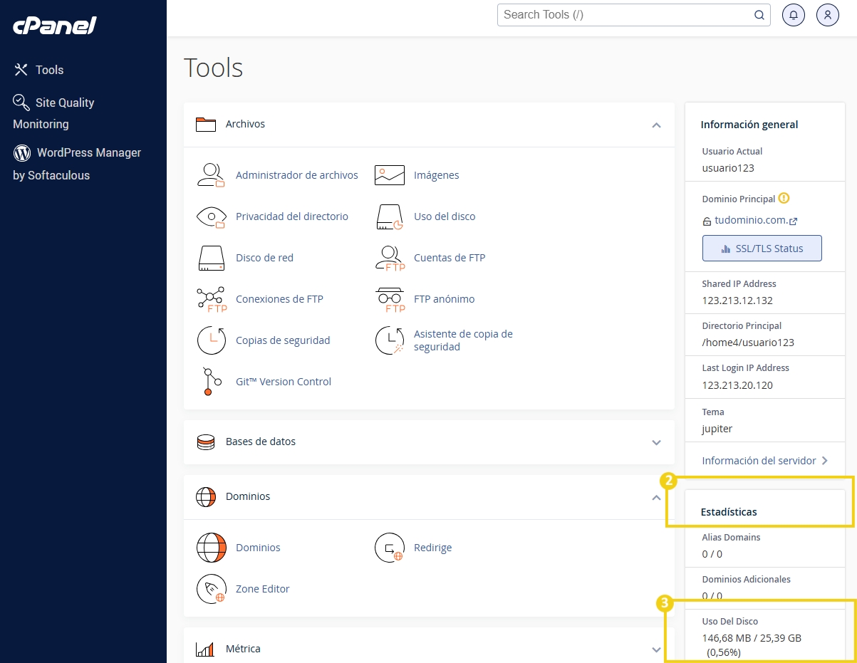 Imagen del panel de control del cPanel mostrando opciones de gestión de correo electrónico, archivos y configuraciones de servidor