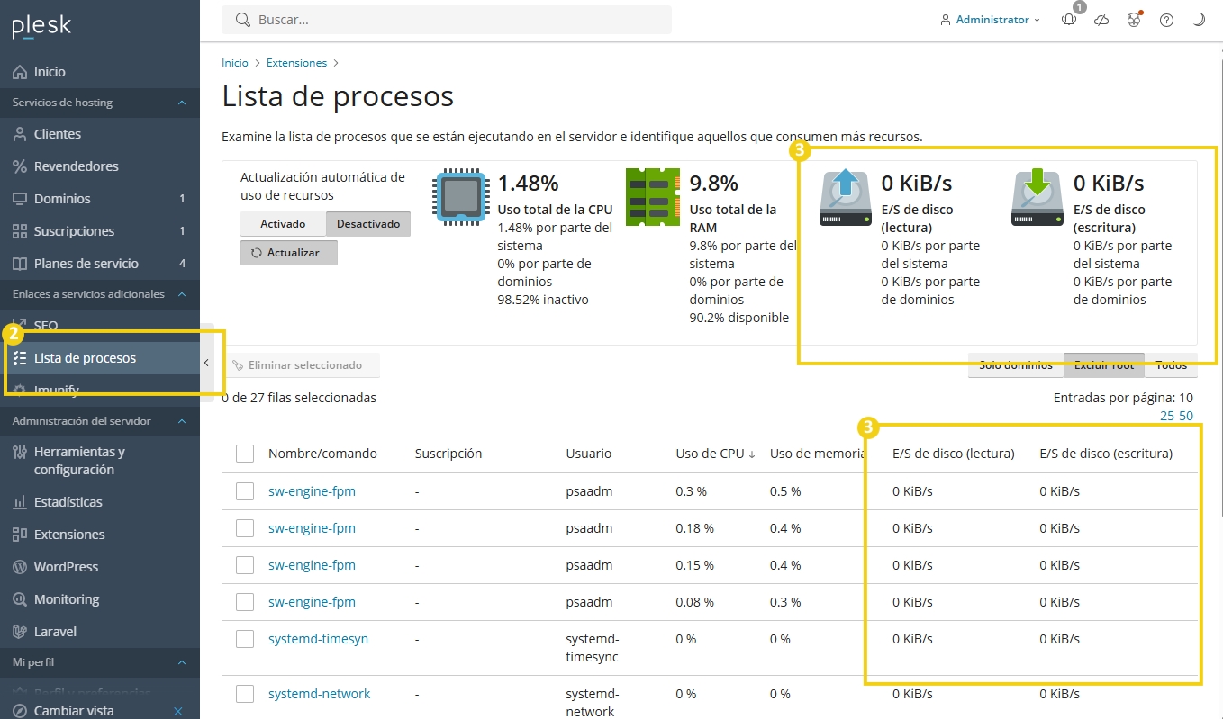 Imagen de un panel de control de sistema, mostrando utilización de CPU, RAM y discos, con destaque para procesos en ejecución.