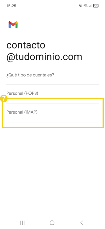 La imagen muestra la pantalla del celular en la aplicación Gmail, con la marca resaltada en la opción IMAP, que debe ser seleccionada.